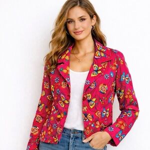 Johnny Was Pink Butterfly Floral Embroidered Jacket Boho Cropped Blazer, XS